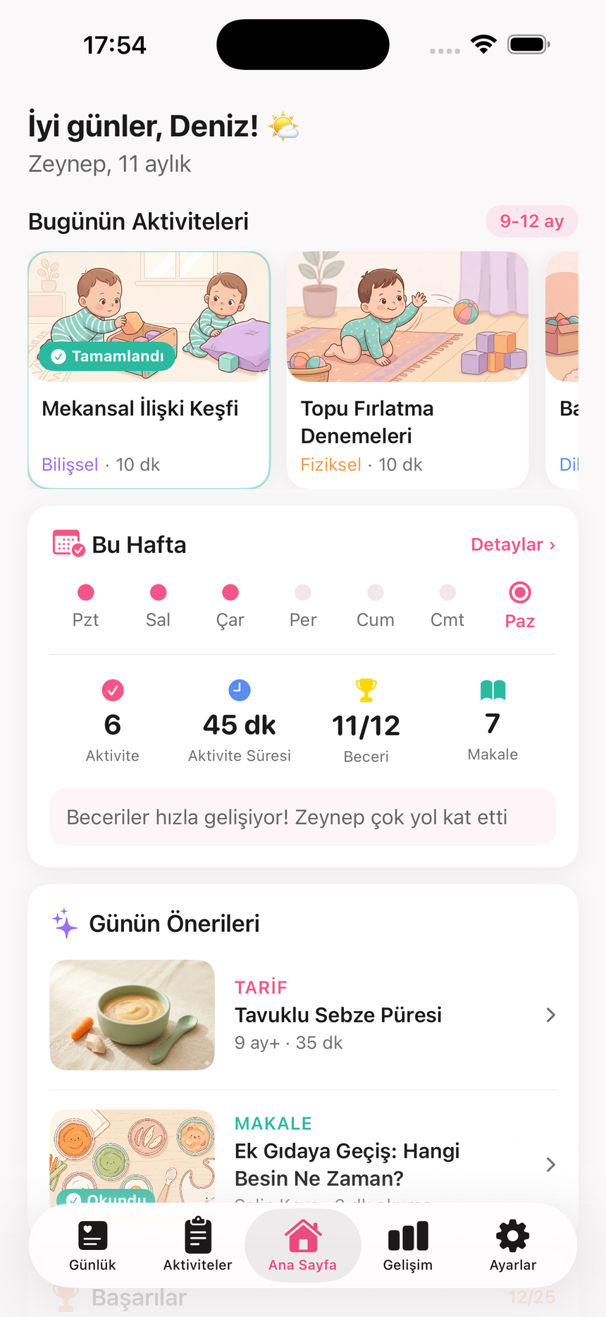 Sevgi ana sayfası — günün aktiviteleri, haftalık özet ve günün tarif/makale önerileri
