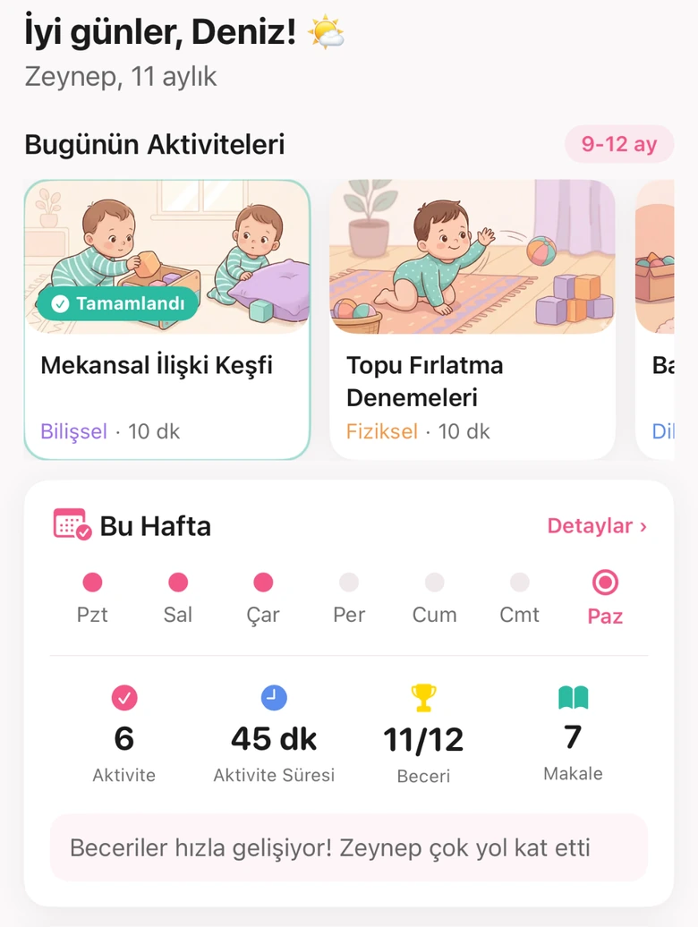 Ana sayfa — günün aktiviteleri ve haftalık özet