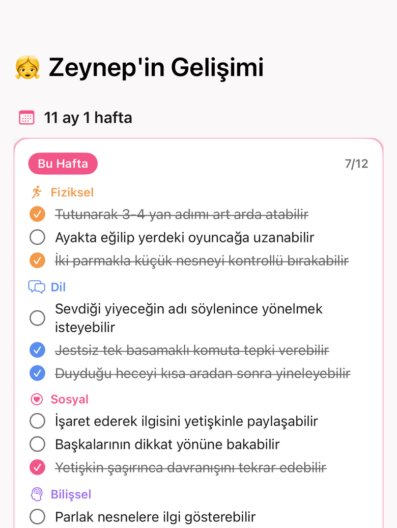 Gelişim — fiziksel, dil, sosyal ve bilişsel alanlarda haftalık basamaklar