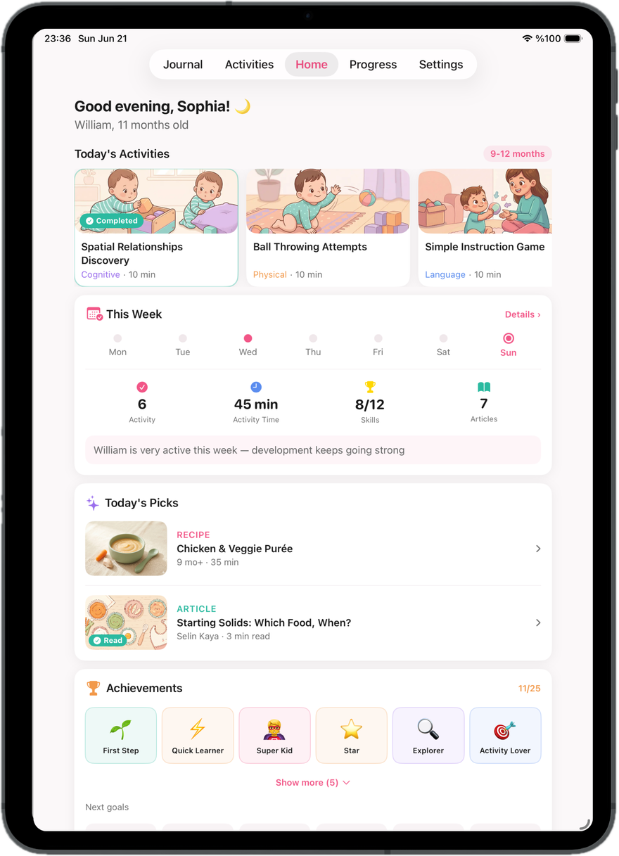 Sevgi on iPad — home: today's activities, weekly summary and picks