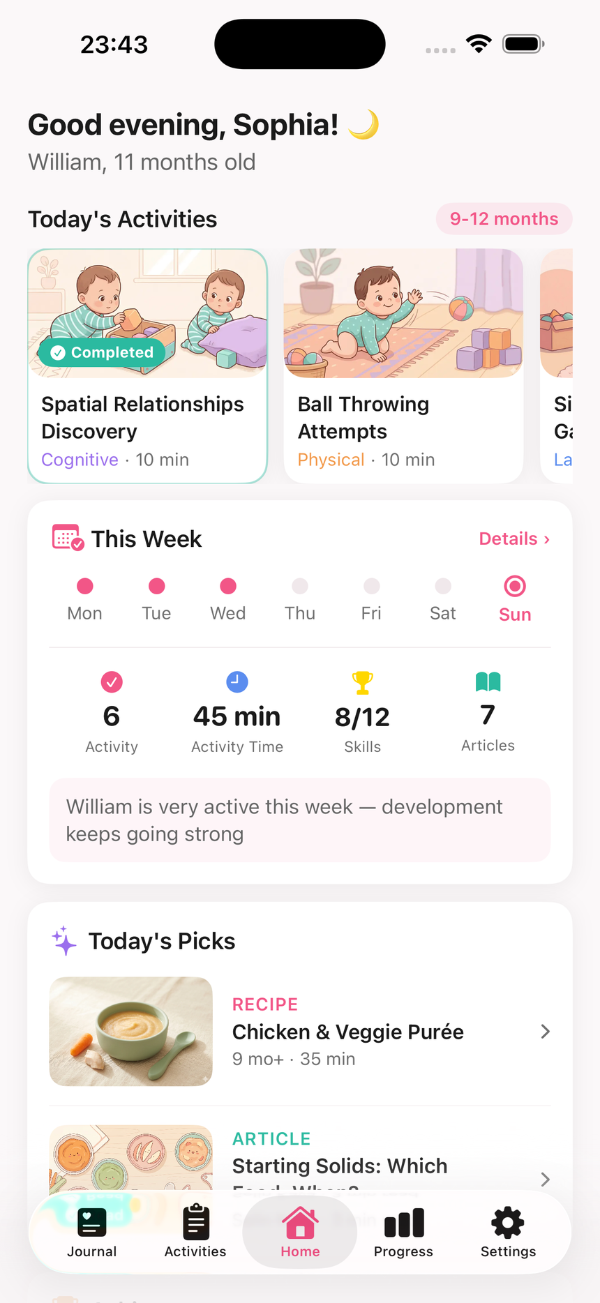 Sevgi home screen — today's activities, weekly summary and today's recipe & article picks