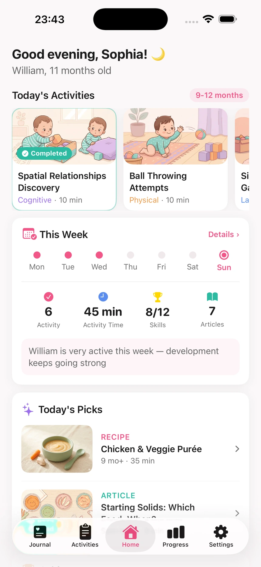 Sevgi home screen — today's activities, weekly summary and today's recipe & article picks