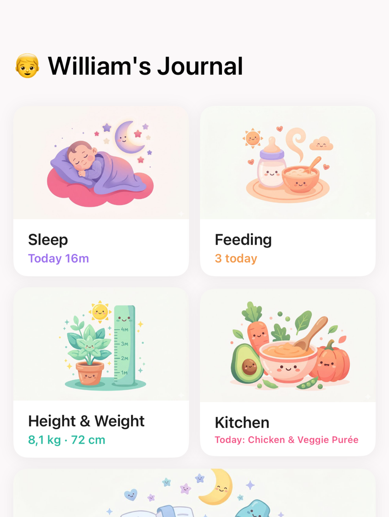 Journal — sleep, feeding, height-and-weight tracking and kitchen together
