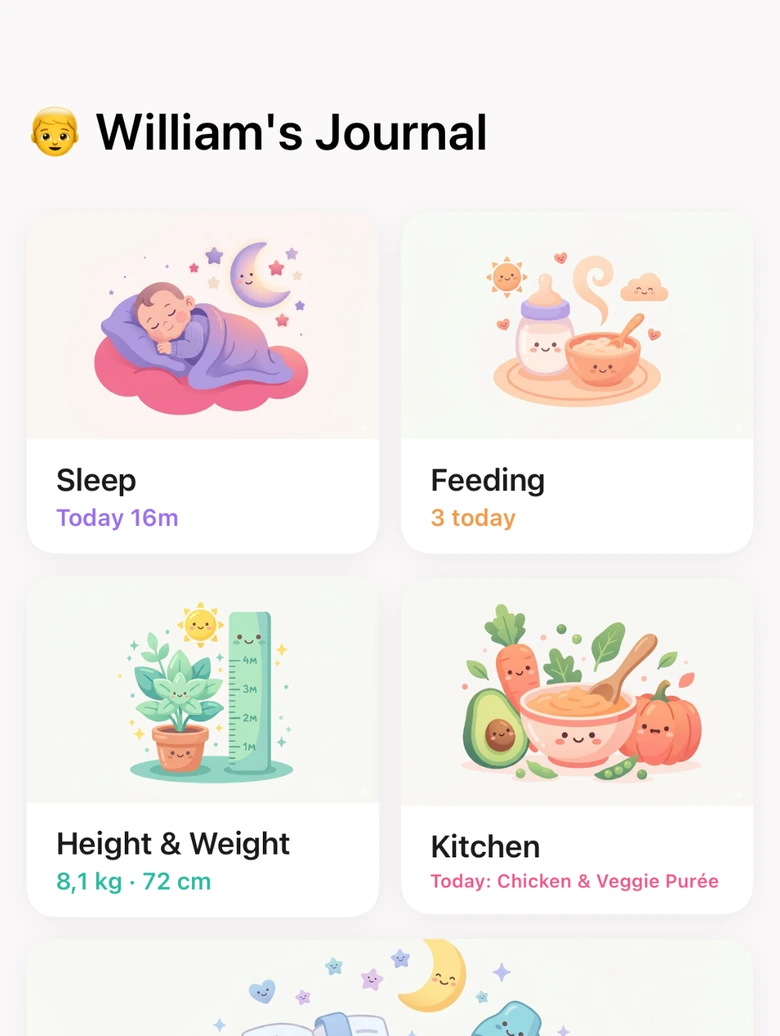 Journal — sleep, feeding, height-and-weight tracking and kitchen together