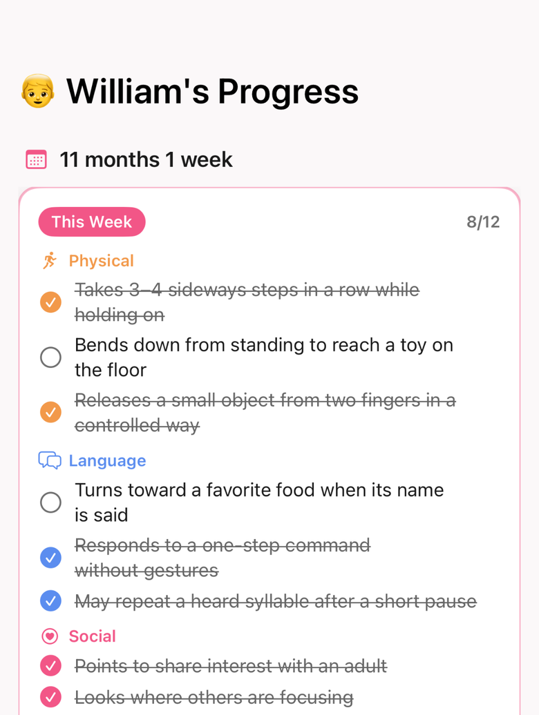 Milestones — weekly steps across physical, language, social, and cognitive areas