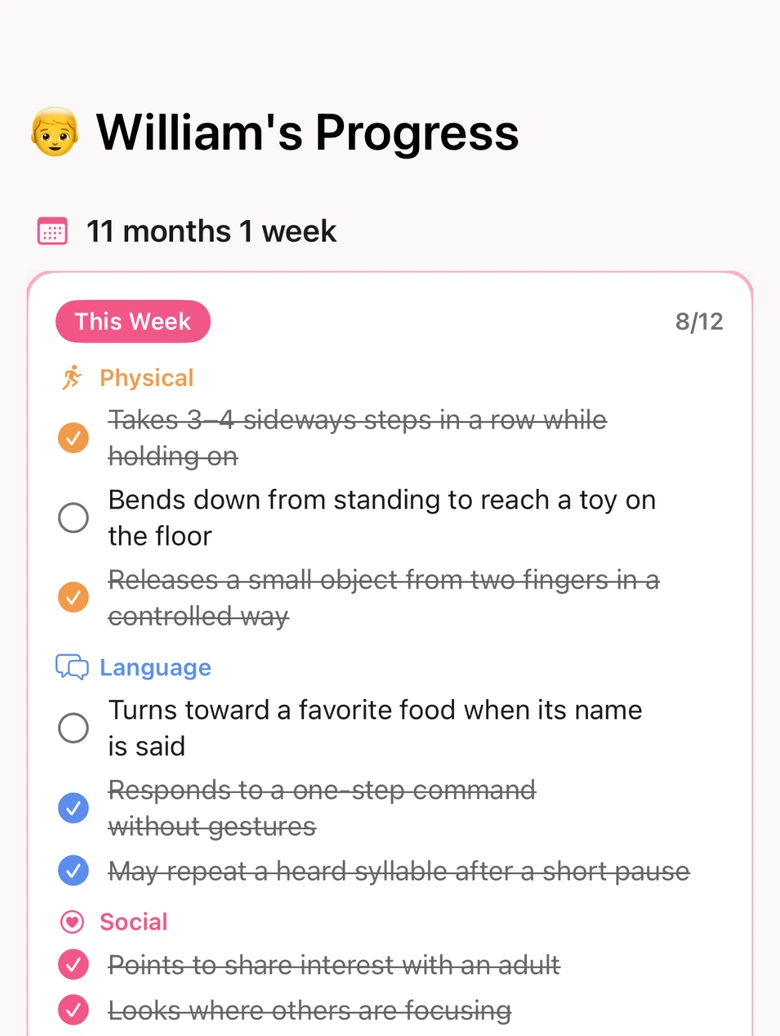 Milestones — weekly steps across physical, language, social, and cognitive areas